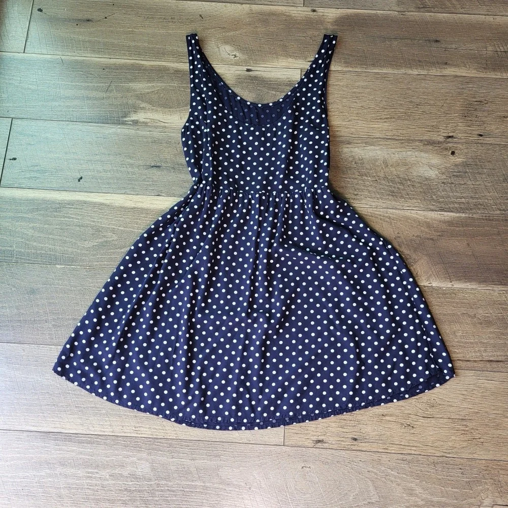 H&M Divided Navy Blue White Polka Dot Sleeveless Fit Flare Skater Mini Dress 8
